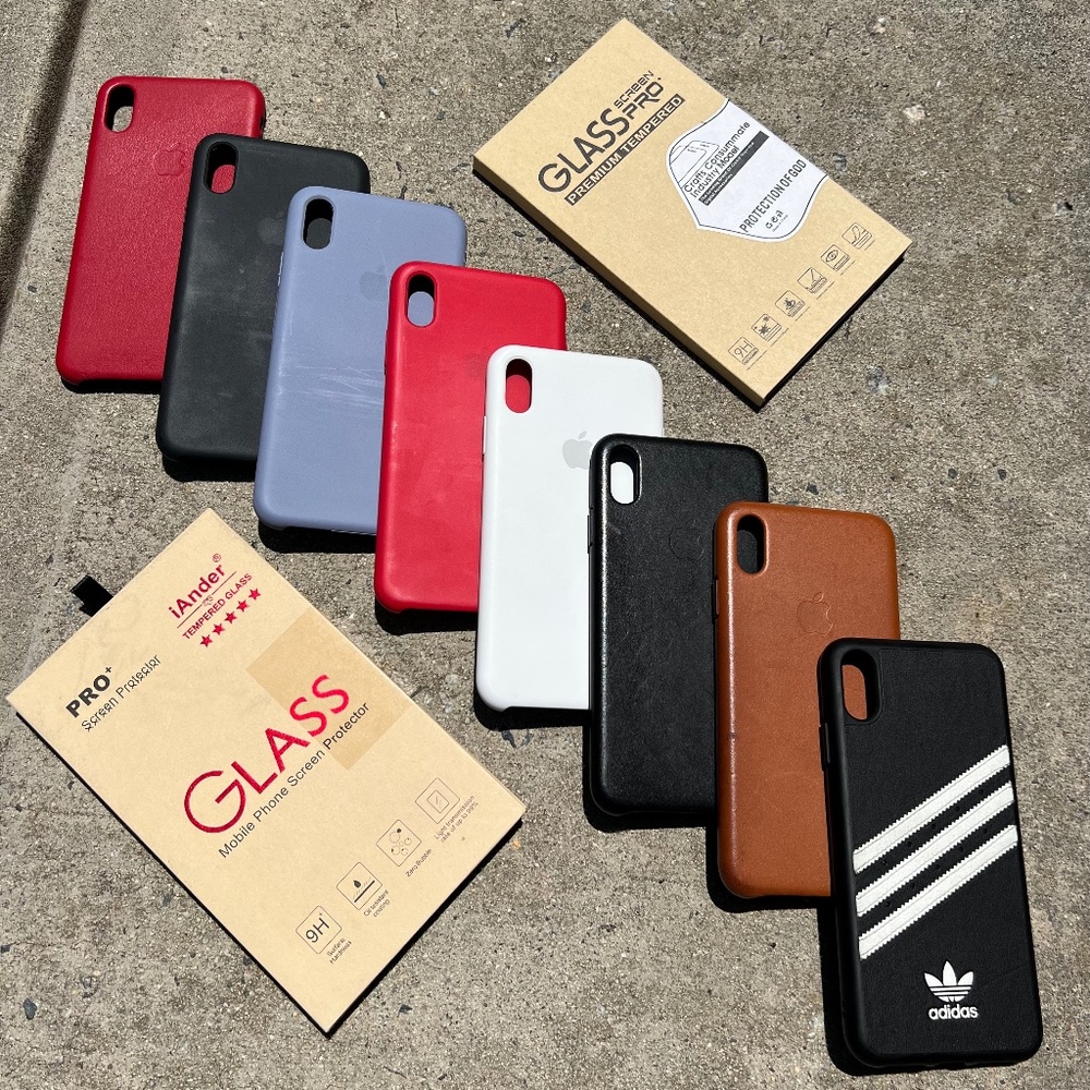 Apple iPhone XS Max Case (Leather, Silicone) (8) and Glass Screen Protector (4)